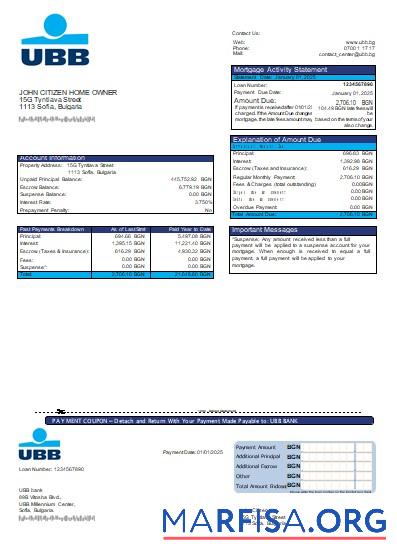 Downloadable Bulgaria UBB bank mortgage statement scr download for verification
